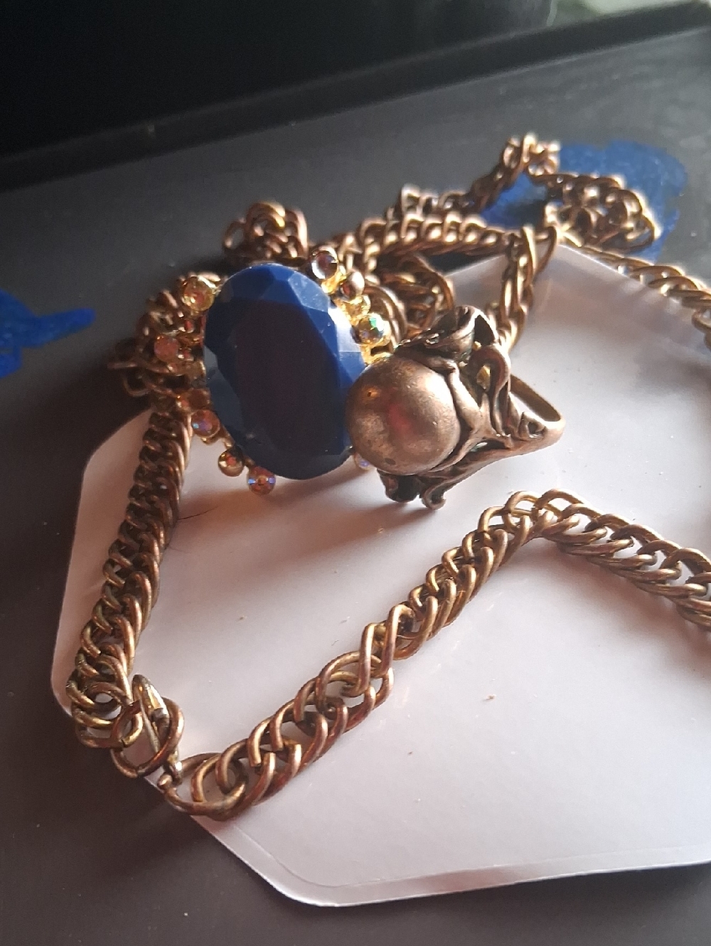 Gold-Tone Necklace with Deep Blue Gem Ring & 100% Copper Ring